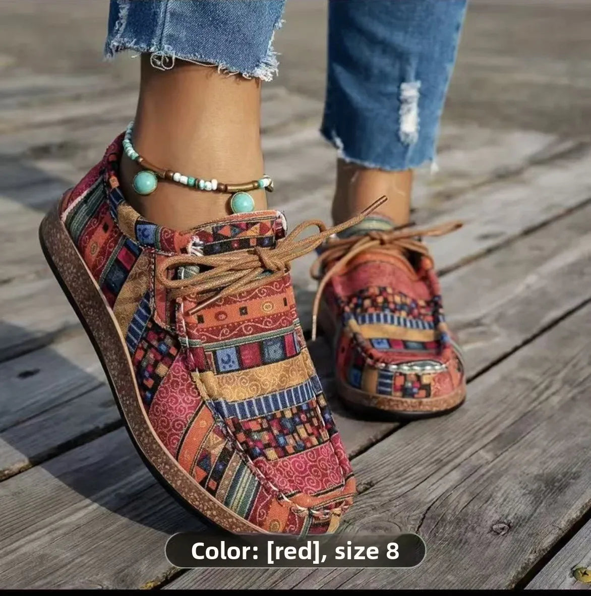 Hot Selling New Large Size Ethnic Style Lace-up Colorful Graffiti Canvas Flat Shoes