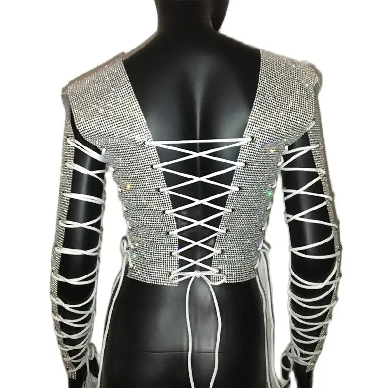 Glitter Rhinestones Criss Cross Bandage T Shirt Crystal Diamonds Long Sleeve Crop Top Sexy Women Club Party Fashion Tops 2022