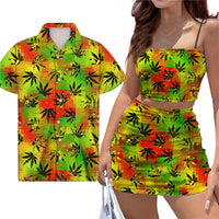 Fashion Jamaica Leaf Print Couple Clothes Sexy Backless Top Short Dress Suit Match Men Beach Shirt Reggae Style Couple Costume