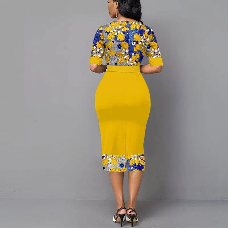 Floral Print Patchwork Yellow Elegant Office Lady Dress For Women 2020 Fashion O Neck Slim Business Formal Dress Party Vestidos