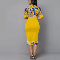 Floral Print Patchwork Yellow Elegant Office Lady Dress For Women 2020 Fashion O Neck Slim Business Formal Dress Party Vestidos