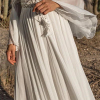 Women Long Flare Sleeve V Neck White Hollow Boho Lace Maxi Dress Female  Holiday Chic Summer