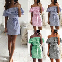 Off Shoulder Strapless Striped Ruffles Dress Women 2023 Summer Sundresses Beach Casual Shirt Short Mini Party Dresses Robe Femme