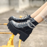 Women Gothic Ankle Boots Zip Punk Style Platform Shoes Goth Winter Lace-up Booties Chunky Heel Sexy Chain 2020 Dropshipping