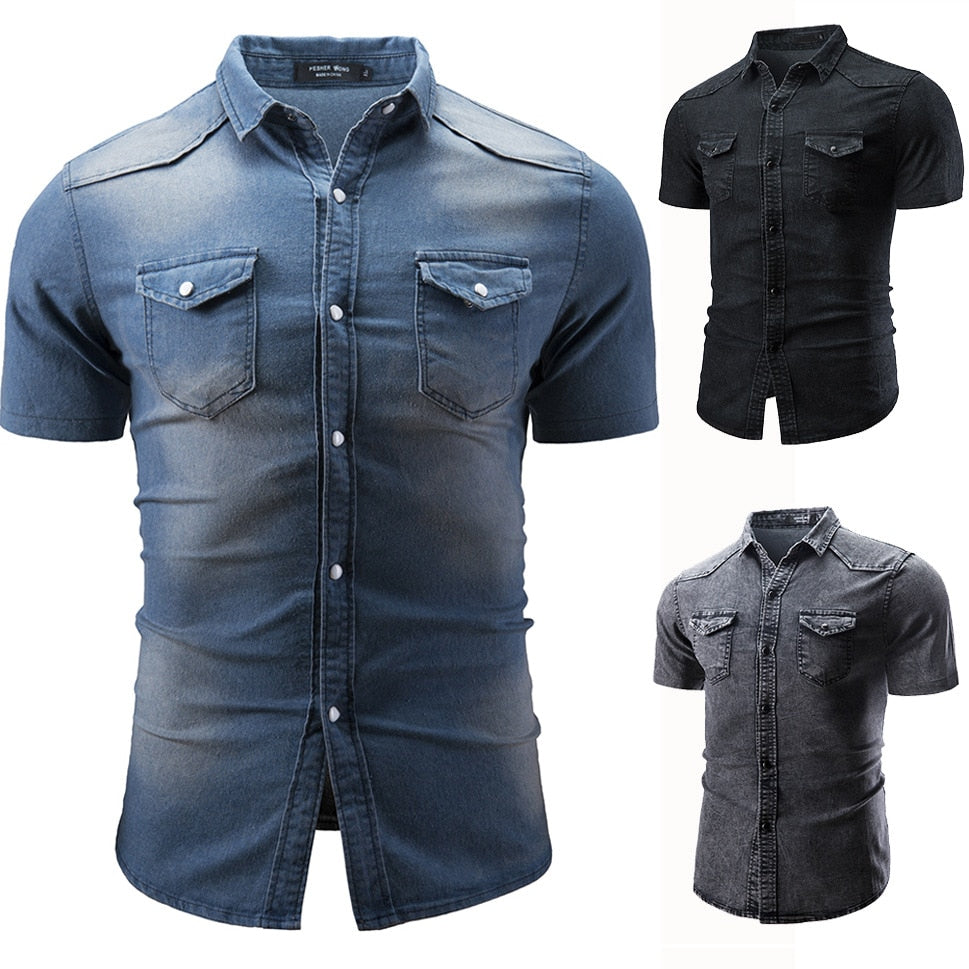 Fashion Lapel Denim Shirt 2020 Designer Short-sleeved Men's Blue Slim and Old Washed Denim Shirt Plus Size Jacket 3XL