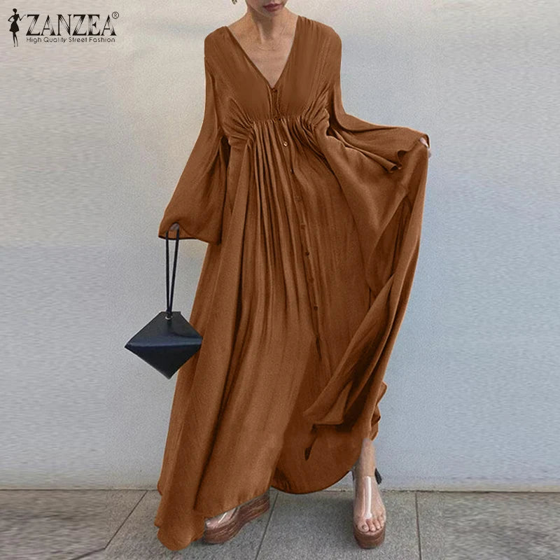 Vintage Solid Shirt Dress Women Spring Sundress ZANZEA Casual Long Sleeve Maxi Vestidos Female V neck Baggy Robe  7