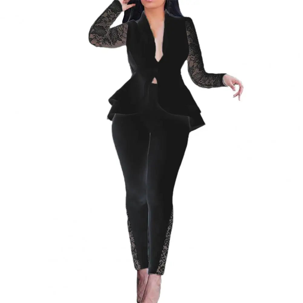 Two Piece Set Pants Suit Women Sexy Solid Color Lace Slim Deep V Neck Mega Mart Center Two Piece Set Pants Suit Women Sexy Solid Color Lace Slim Deep V Neck Mega Mart Center