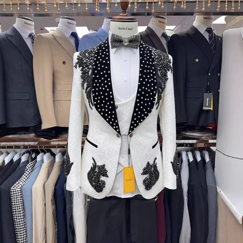 Custom Luxury Designer Tuxedo Men Suits 3 Piece White and Black Style Suits Wedding Party Elegant Formal Slim Fit Suit