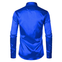 Royal Blue Silk Satin Shirt for Men 2023 Luxury Brand New Slim Fit