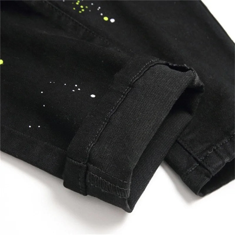 EH·MD® Diamond Embroidered Jeans Men's Scraped Inside Floral Trim Splash Ink Slim Cotton Stretch Leather Standard Black Pants 22