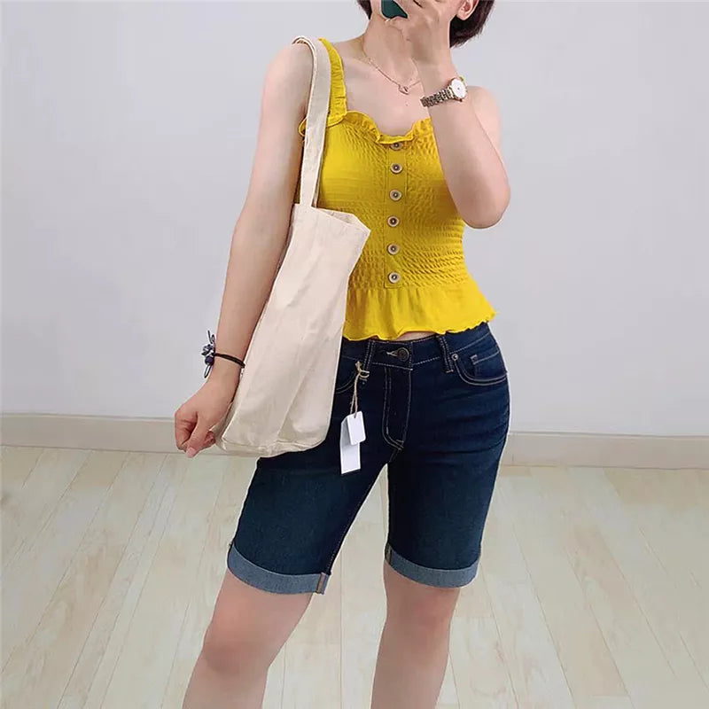 Summer Fashion Shorts Women High Waist knee length Jeans Elastic Flanging Breeches Feminino Five Points Denim Shorts Plus Size