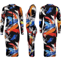 Newest Modern Women Girl Dresses Formal Fit Slim Printed Fashion Zipper Neck Long Sleeves Party Prom Gowns In Stock