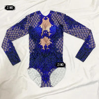 Sexy Blue Print Rhinestone Dancer Bodysuit Women Long Sleeve Elastic Crystal Jumpsuit Leotard Showgirl Leotard bar Stage Costume