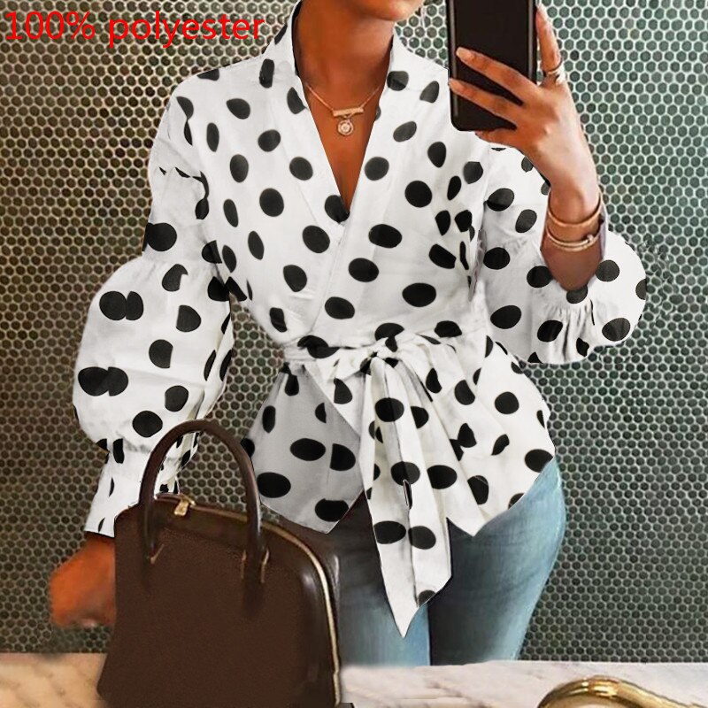 Celmia 2023 Fashion Women Blouse Elegant Lantern Sleeve Tunic Shirts Summer Casual Belted Solid Sexy V-Neck Tops Elegant Blusas