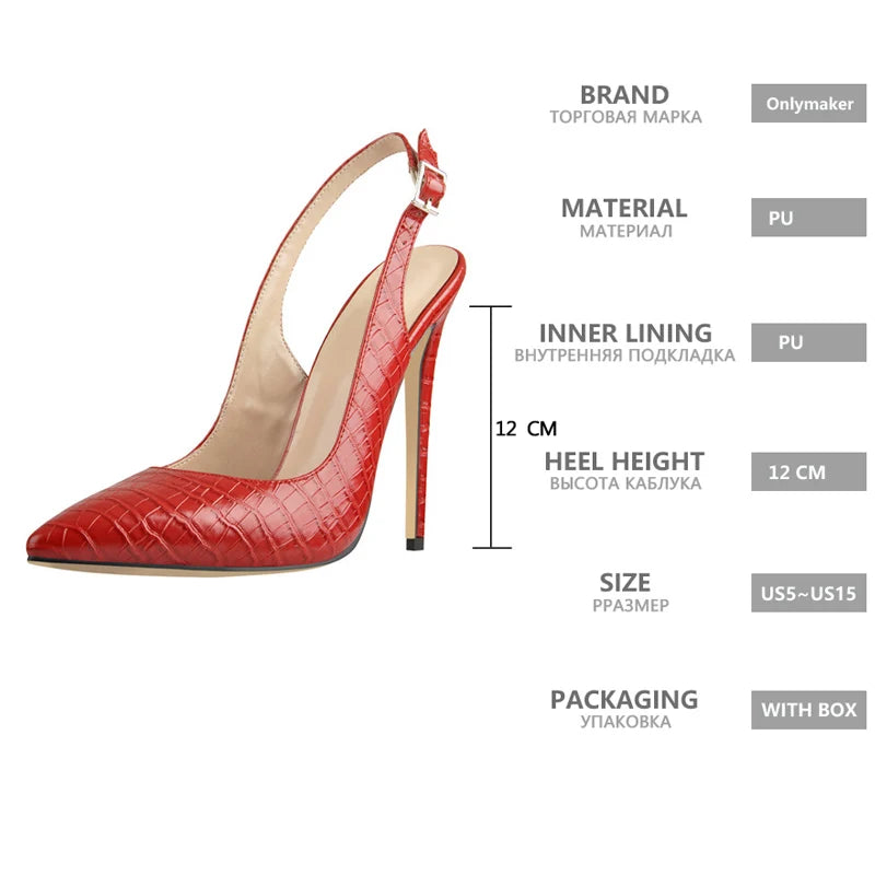 Onlymaker Women 12CM Slingback High Heels Pumps Red Color Pointed Toe Ankle Strap  Big Size Fashion Sandals