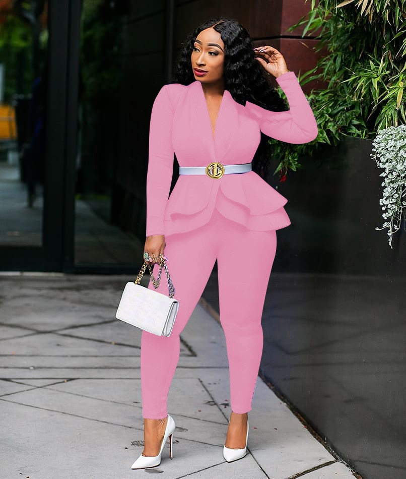 New Women Winter Women&#39;s Set Tracksuit Full Sleeve Ruffles Blazers Pencil Pants Suit Two Piece Set Office Lady Outfits Uniform