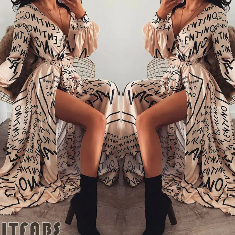 Fashion Women Boho Long Sleeve Maxi Dress V-Neck Letter Thigh Slit Evening Stylish Party Beach Dresses