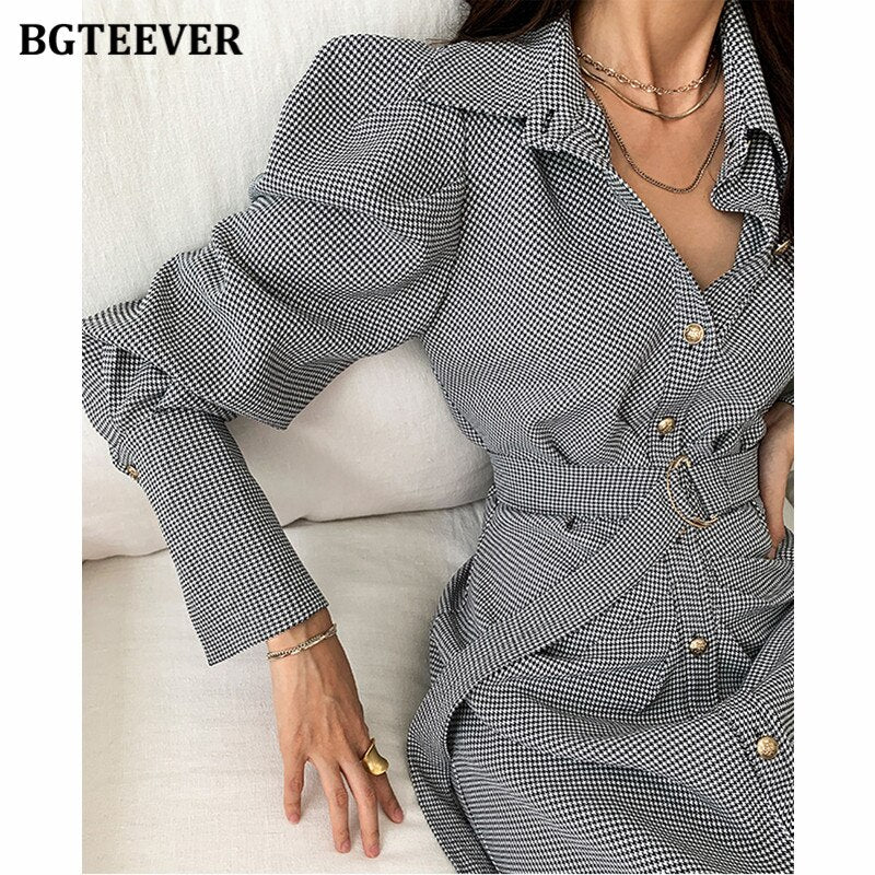 BGTEEEVR Chic Turn-down Collar Women Long Plaid Dress Fashion Single-breasted Belted Female Dress Full Sleeve Bodycon Vestidos