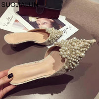 SUOJIALUN Women Designer Slipper Slides Ladies Brand Luxury Slippers Women Dress Mules Shoes Low Heel Pointed Toe Pearl Slippers