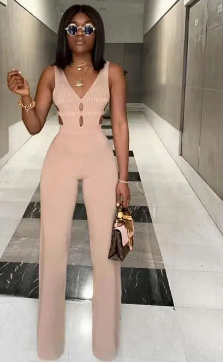 High Quality Women Winter Sexy V Neck Hollow Out Bandage Jumpsuit 2023 Celebrity Designer High Street Beige Black Rompers