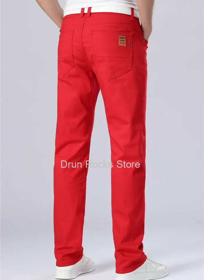 White Jeans Men Plus Size 36 38 40 Loose Oversized Red Trousers Stretched Denim Mens Casual Slim Fit Straight Elastic Man Pant