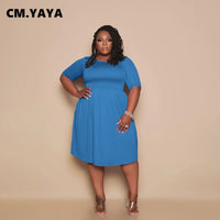 CM.YAYA Women Plus Size Dress Solid Short Sleeve O-neck Stretchy Loose Knee Length Dresses Casual Fashion Vestidos Summer 2021