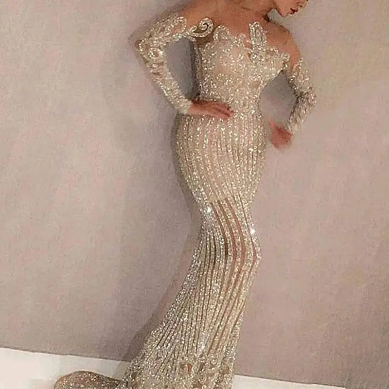 Latest design mesh see-through lace sequin elegant sexy maxi length celebrity party evening dresses