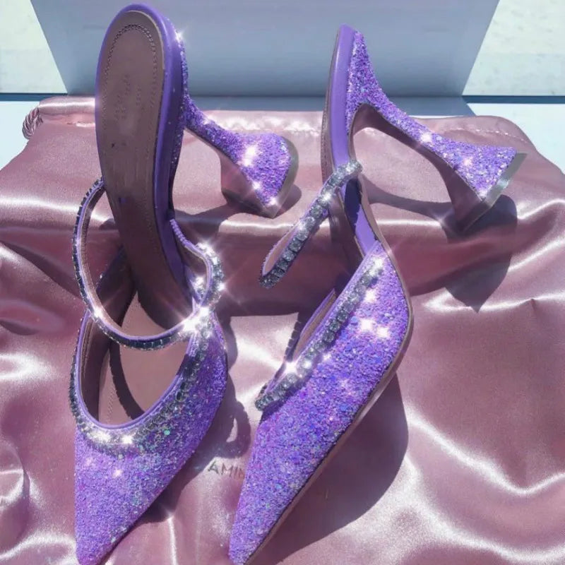 European and American Popular 2020 Summer New Dazzling Pink Crystal Sequined Spool Heels Pointed High Heels Women Slippers