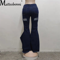 Sexy Ripped Jeans Fringe Hollow Out Ruffle Water Wash Flare Denim Pants New High Waist Bodycon Hole Women Trousers Club Outfits