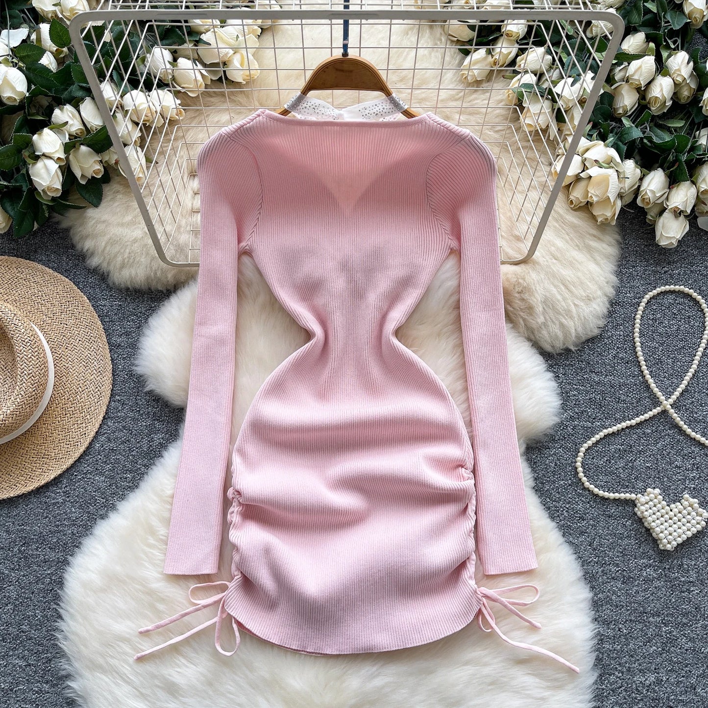 Summer Y2K Halter Bandage Hip Midi Dress for Women Empire Patchwork Mesh Dress