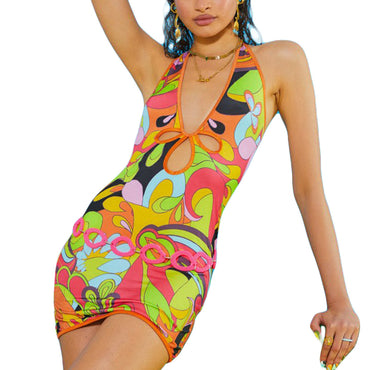 Women Summer Sexy Dress Abstract Print Hollow-Out Deep V Halter Neck Sleeveless Tight Skirt