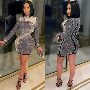 BH232 Women Sexy Hot Diamond Patchwork Pearl Evening Party  Dress