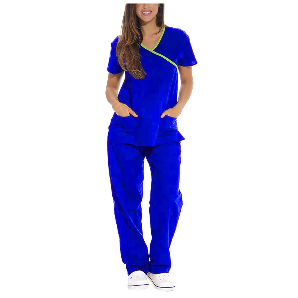 Women Scrub Set Nurse Uniforms Mock Wrap V Neck Scrub Suit Short Sleeve Dentist Workwear Elastics Scrub Pants Drawstring A50