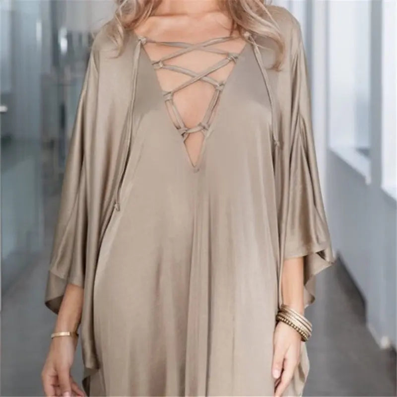 2023 Champagne Gold Sexy Lace Up Plunging Neck Bats Sleeve Loose Long Summer Beach Dress Satin Women Beachwear Maxi Dress N877