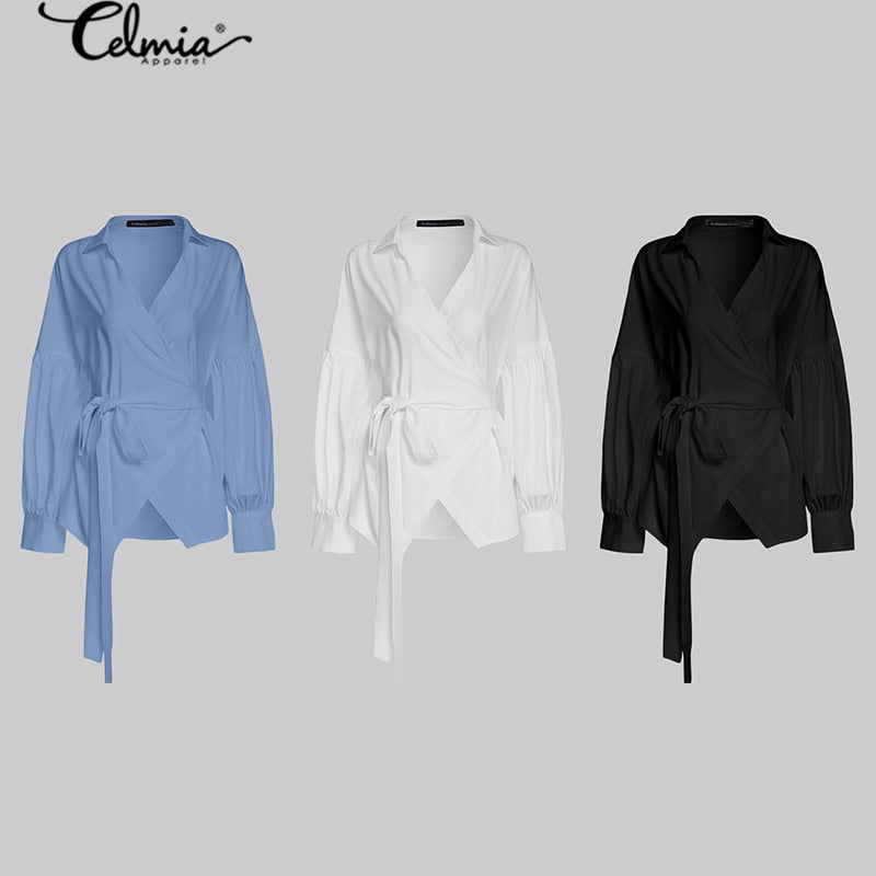 Celmia Women Fashion Lantern Sleeve Blouses 2023 Spring Autumn Bandage Wrapped Short Blusas Sexy V-neck Office Street Shirts