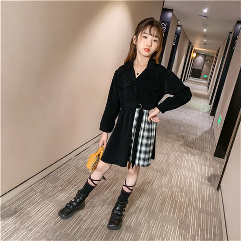 Kids Blazer Dress 2023 Girl Formal Black Blazer Dress Suit Jacket Female Fashion Children's Stitching Plaid Blazer Party Costume