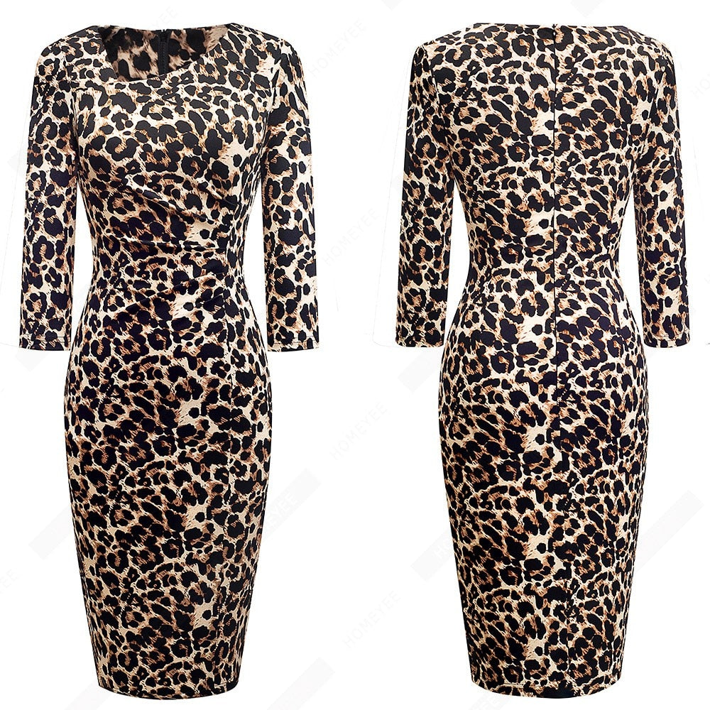 Vintage Women Elegant Leopard Chic Formal Business Bodycon Morden Pencil Dress EB565