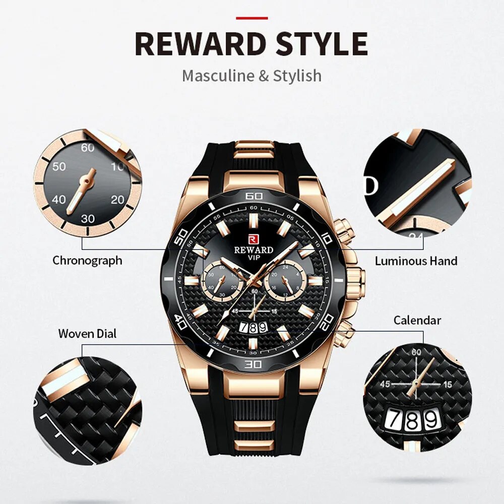 REWARD Fashion Big Dial Men's Watch Men Top Brand Luxury Chronograph Silicone Sport Quartz Watches Waterproof relogio Masculino