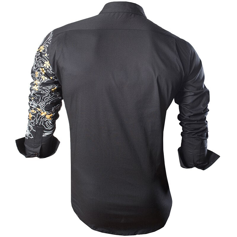 Sportrendy Men&#39;s Shirt Dress Casual Long Sleeve Fashion Dragon Stylish JZS091 Black