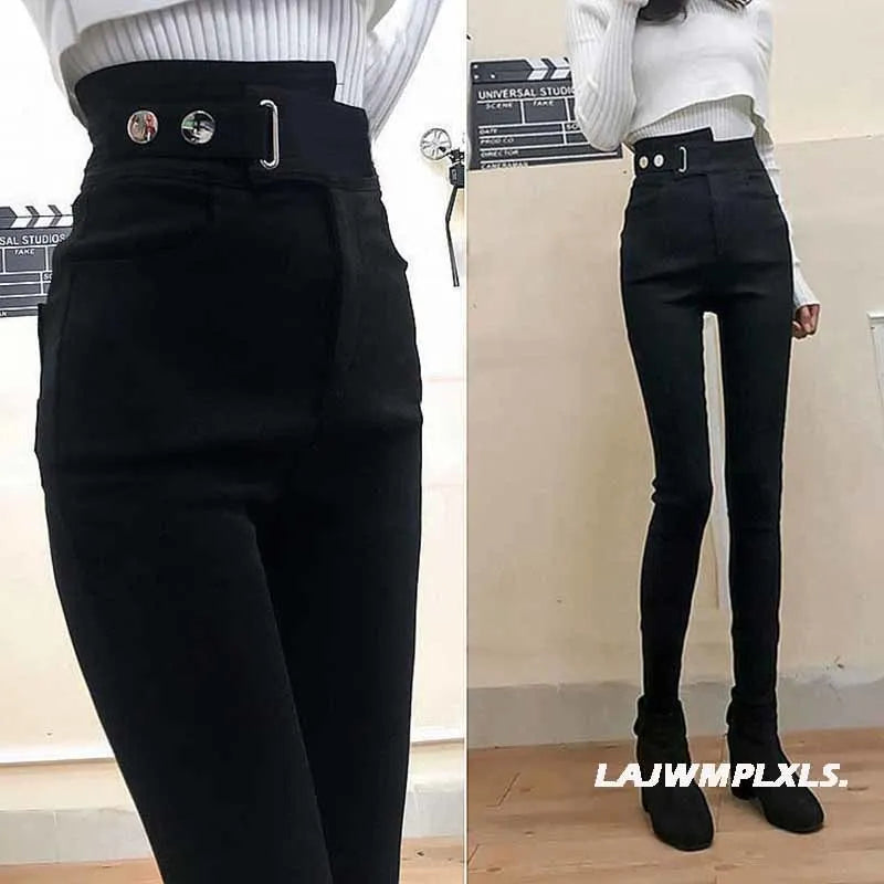 2022 Autumn Spring New Black leggings Casual Elastic High Waist stretch feet pants women's Metal Buttons was thin Pencil Pants