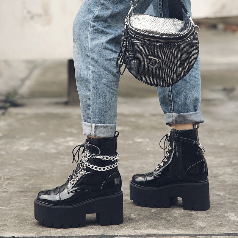 Women Gothic Ankle Boots Zip Punk Style Platform Shoes Goth Winter Lace-up Booties Chunky Heel Sexy Chain 2020 Dropshipping