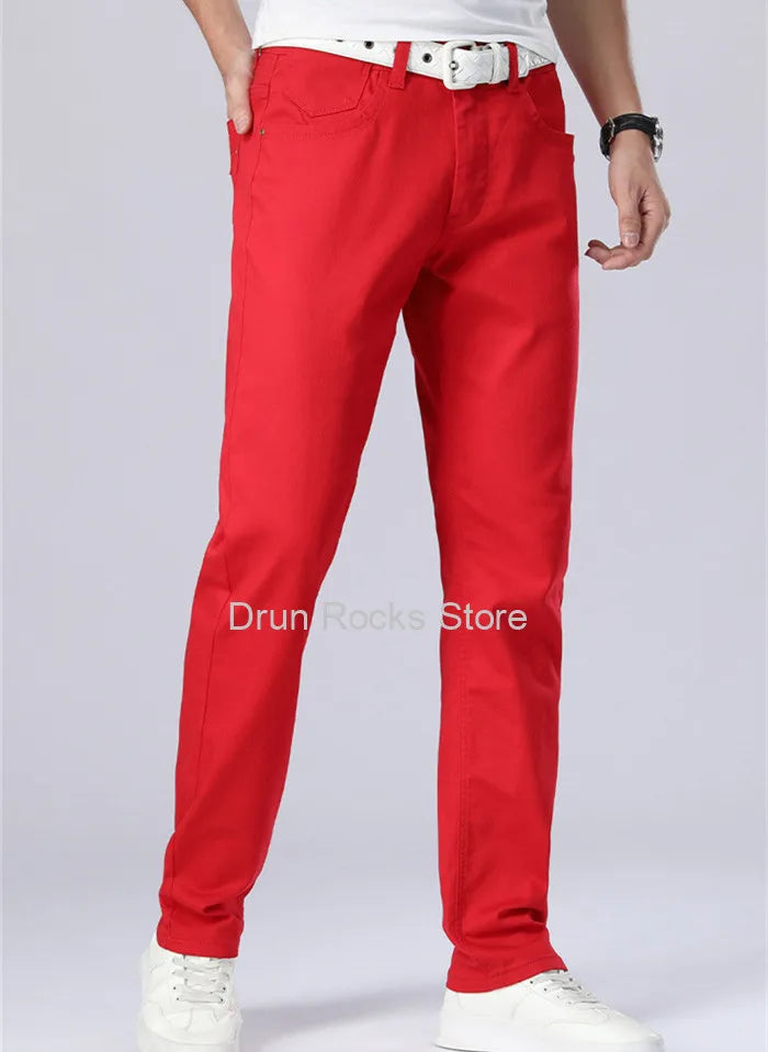 White Jeans Men Plus Size 36 38 40 Loose Oversized Red Trousers Stretched Denim Mens Casual Slim Fit Straight Elastic Man Pant