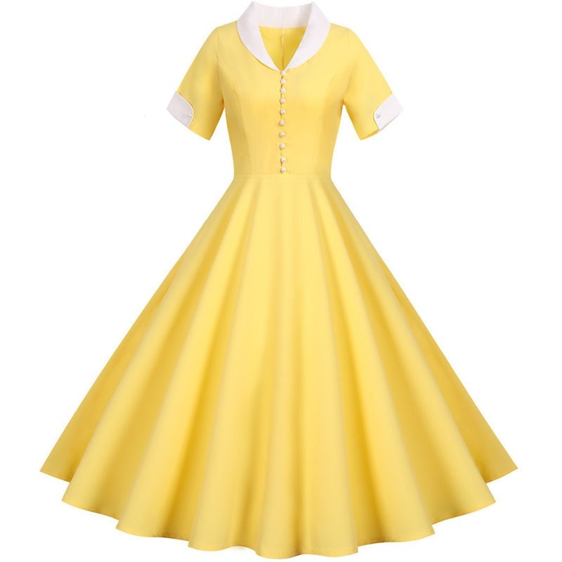 Sexy 2022 Women Vintage Slim Summer Dress Solid Yellow Short Sleeve High Waist Sundress