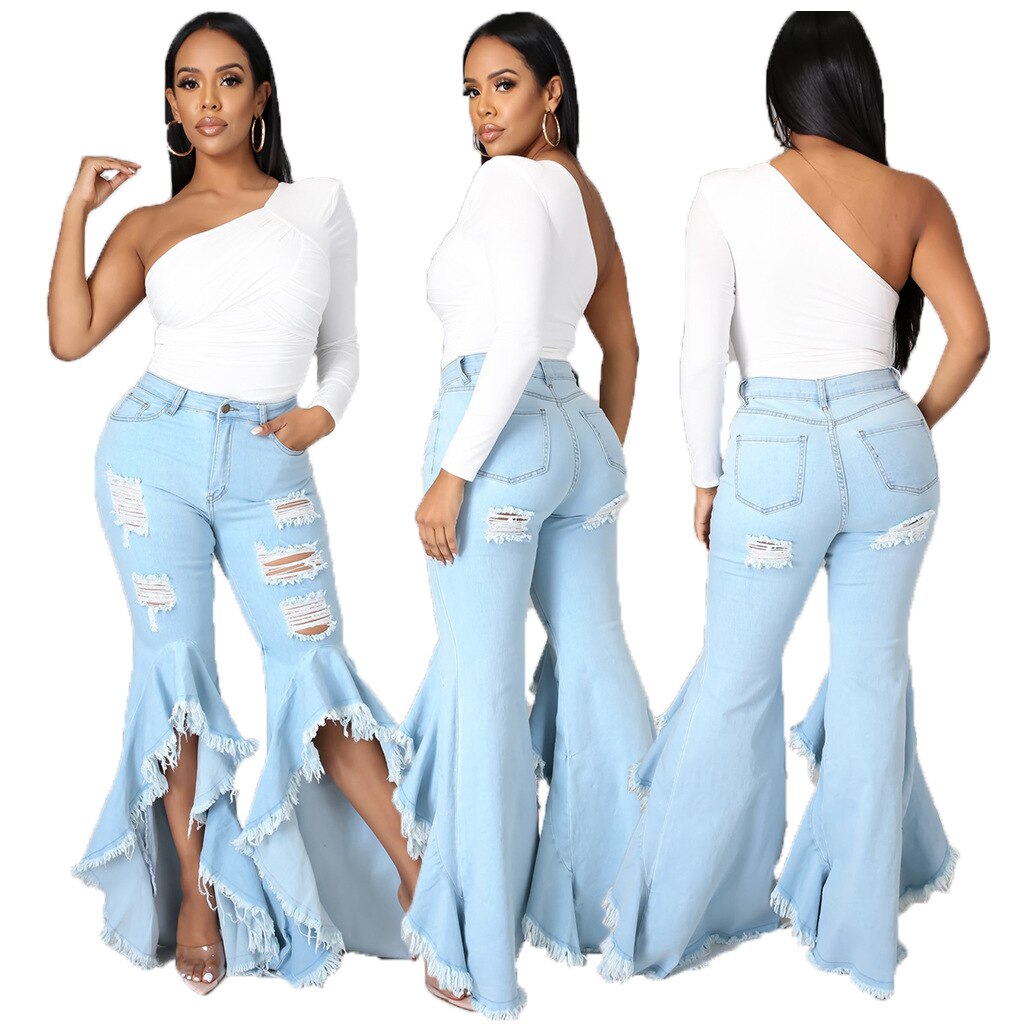 Ripped Hole Flare Jeans Women Bell Bottom Jean Fashion High Waist Wide Leg Pants 2021 Summer Tassel Denim Trousers