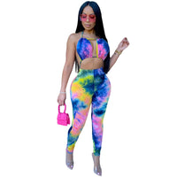 Tie Dye Print Sexy Jumpsuit Clubwear Women Rompers Halter Hollow Out Backless Party Bodycon Overalls for Women Macacao Feminino