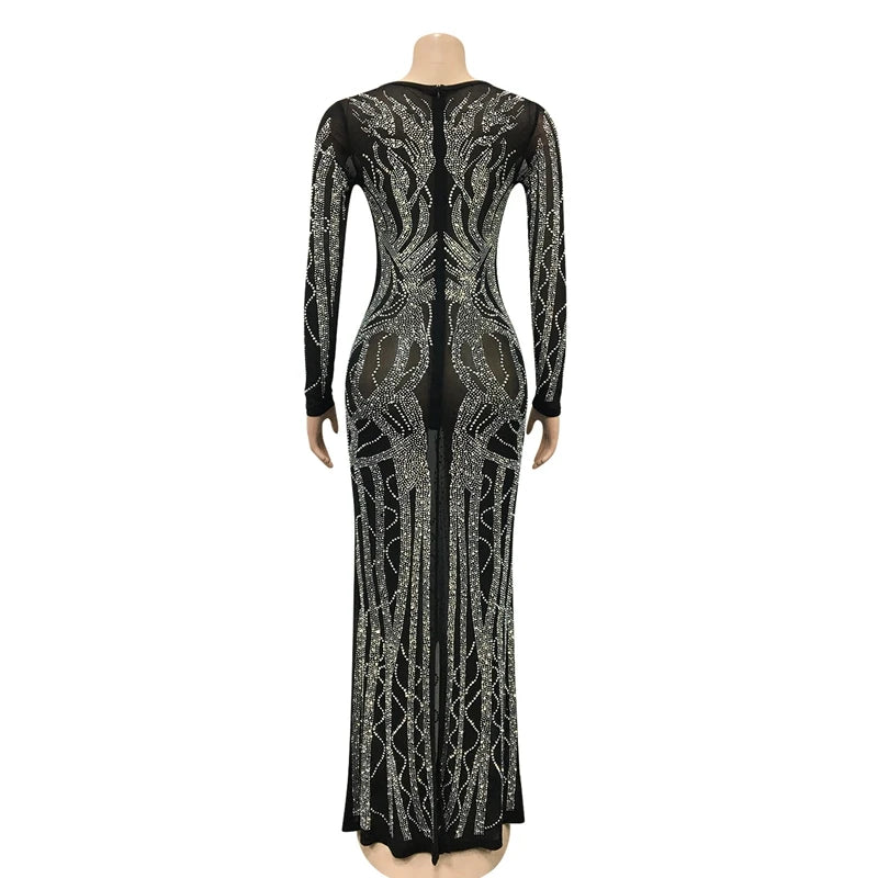 2021 Women Long Sleeve Dress Sexy Deep V Neck Hot Rhinestone Mesh See Through Midi Maxi Dress Long Hip Dress For Evening Party