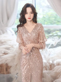 YIDINGZS Elegant Maxi Dress Gold Sequin Evening Dress Women Formal Long Sleeve Party Dress