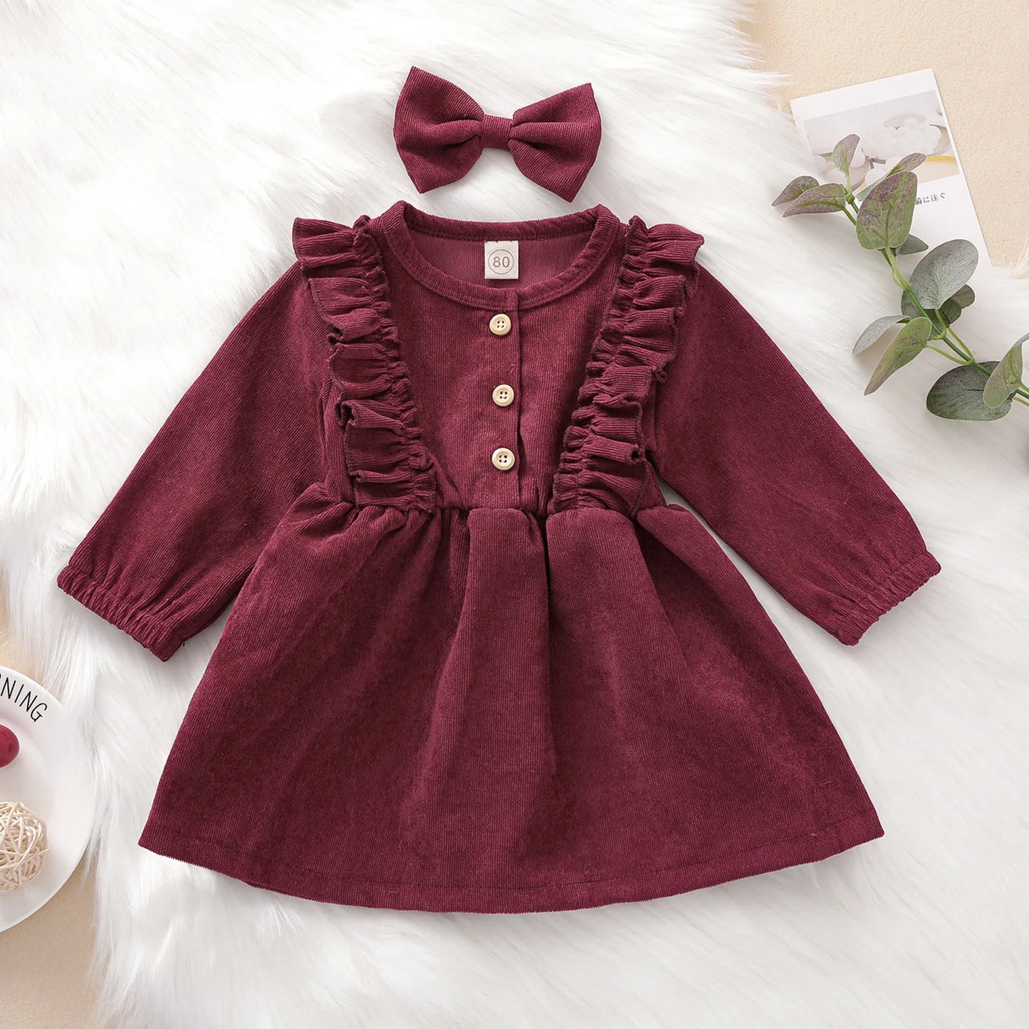 FOCUSNORM 0-6Y Autumn Infant Baby Girls Dress Headband 2pcs Solid Ruffles Long Sleeve Bowknot Button A-Line Dress 4 Colors