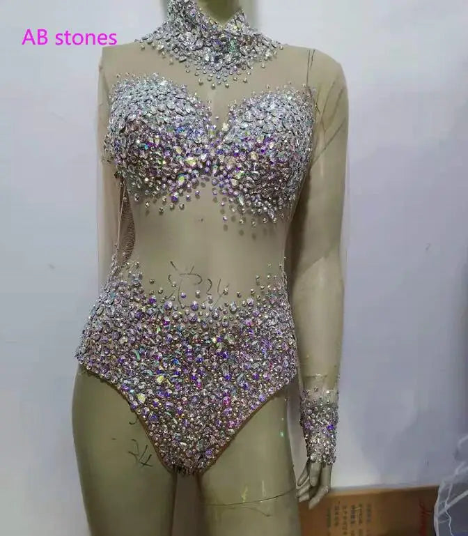 Sexy Mesh Transparent Stones Bodysuit Birthday Party Outfit Rhinestones Rompers Women Singer Team Dance Pink White Blue  Costume