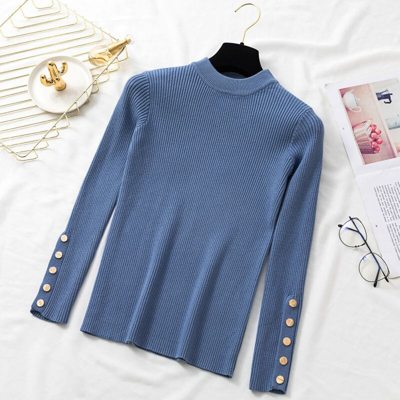 casual autumn winter women thick sweater pullovers long sleeve button o-neck chic Sweater Female Slim knit top soft jumper tops